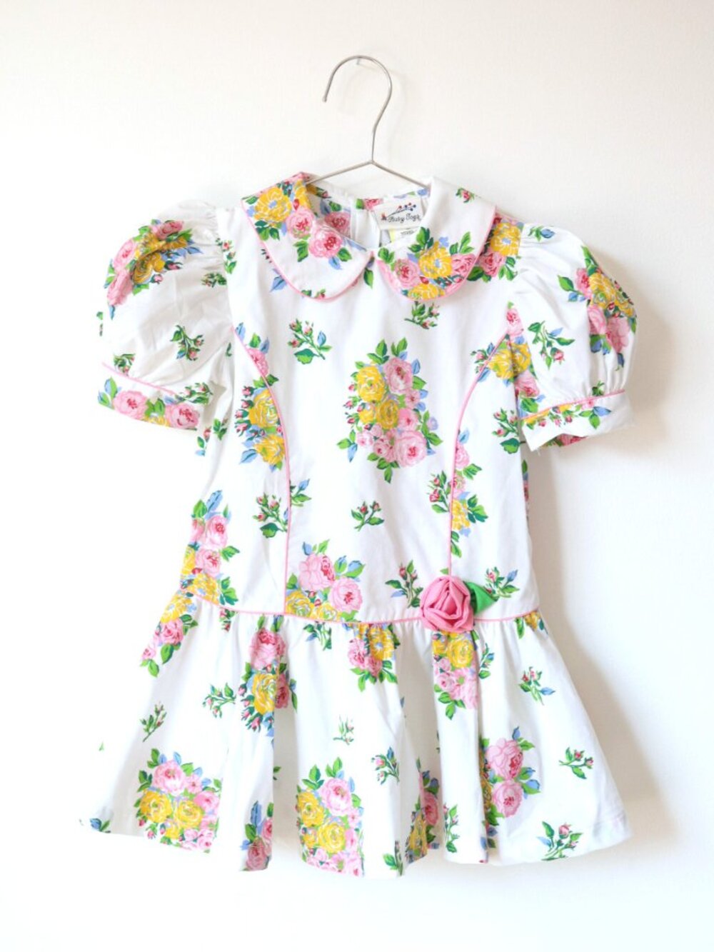 Vintage White Pink Rose Print Puff Sleeves Dress / 5Y